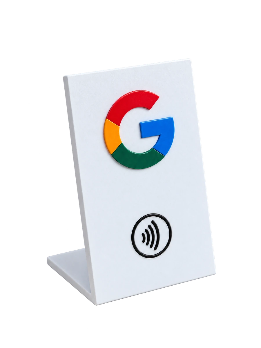 Placa NFC branca para avaliações no Google, com logotipo colorido e símbolo NFC.